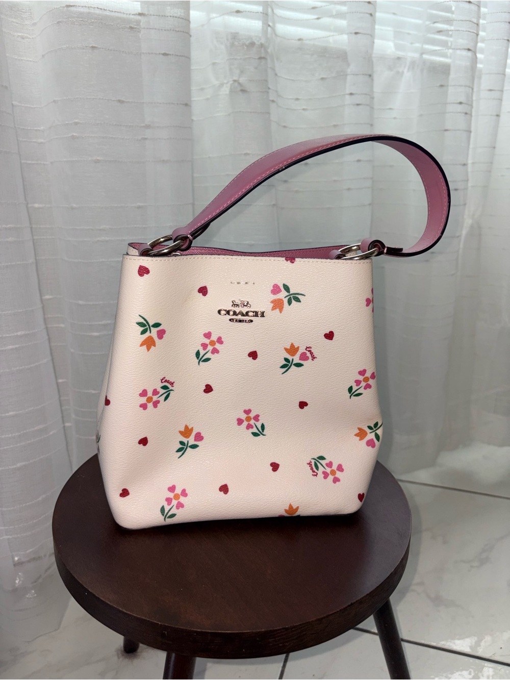 Coach Pink Floral Print Small Shoulder Bag with Attachable Crossbody Strap